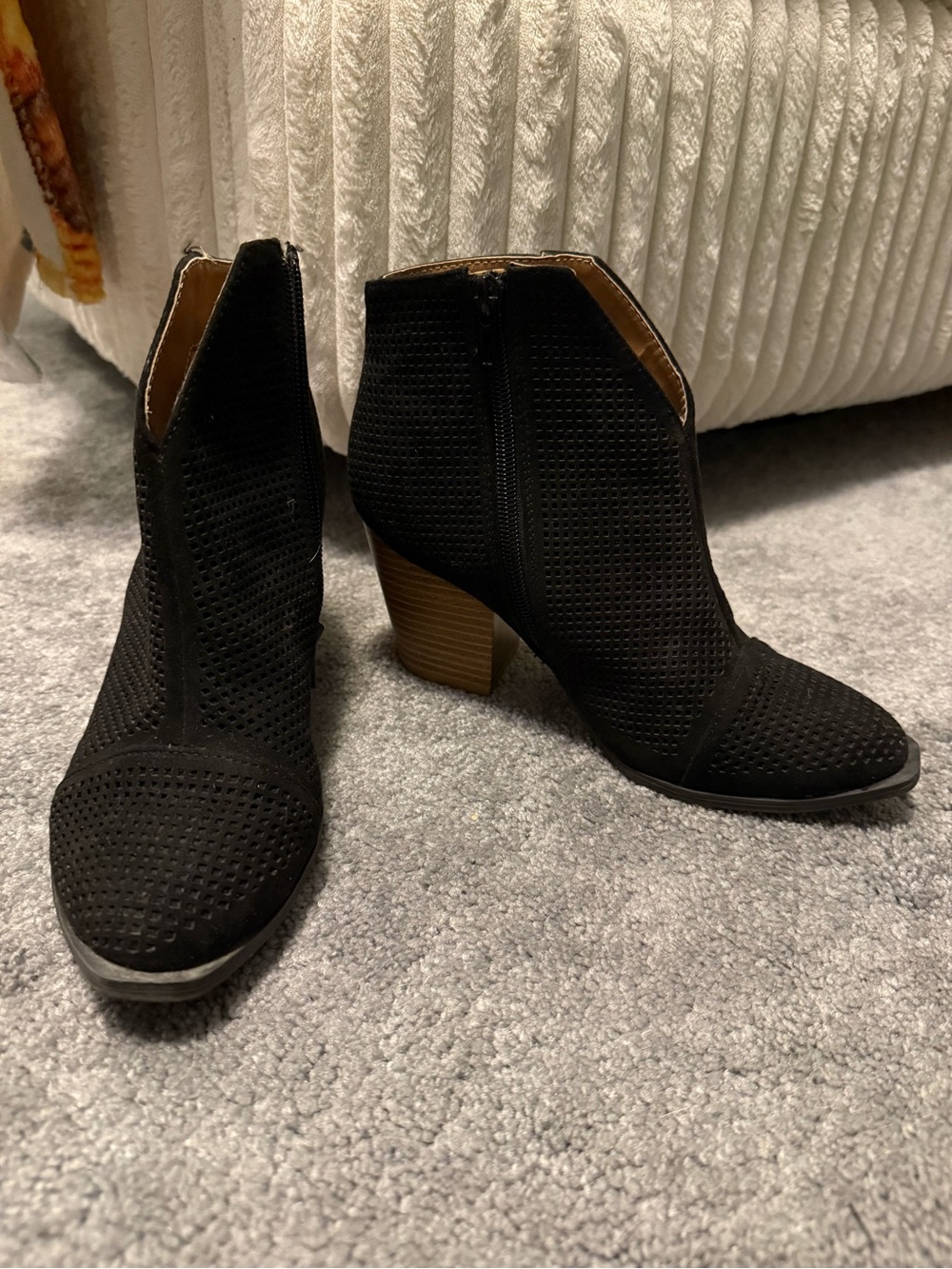 Black Suede Perforated Ankle Booties with Block Heel